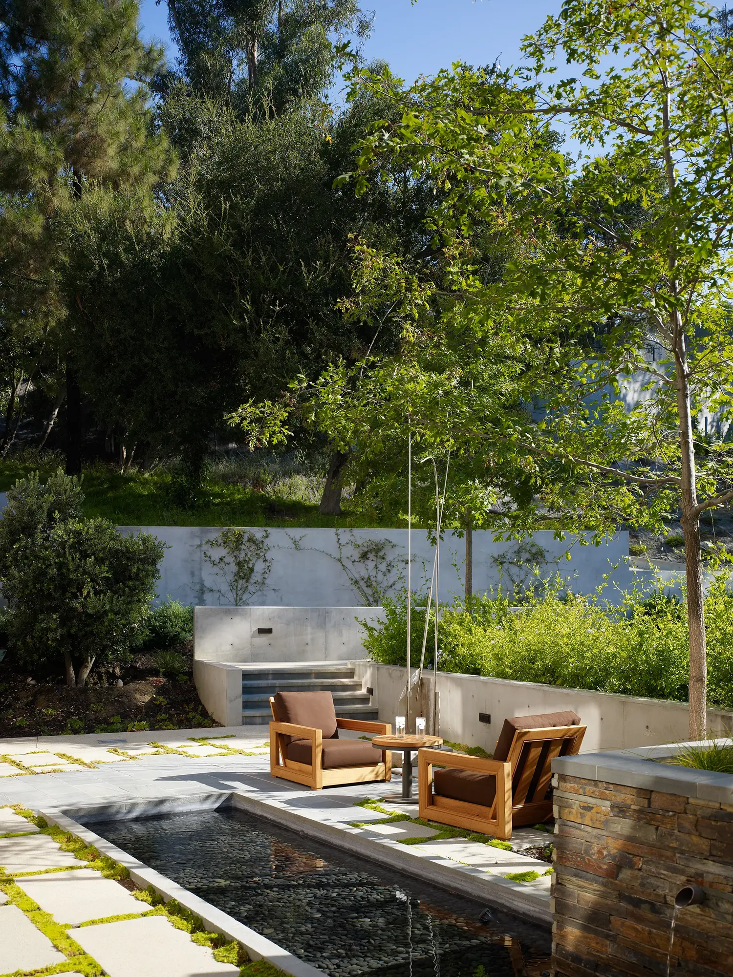 Modern outdoor seating area with concrete steps, wooden chairs, reflecting pool, and lush landscaping with mature trees