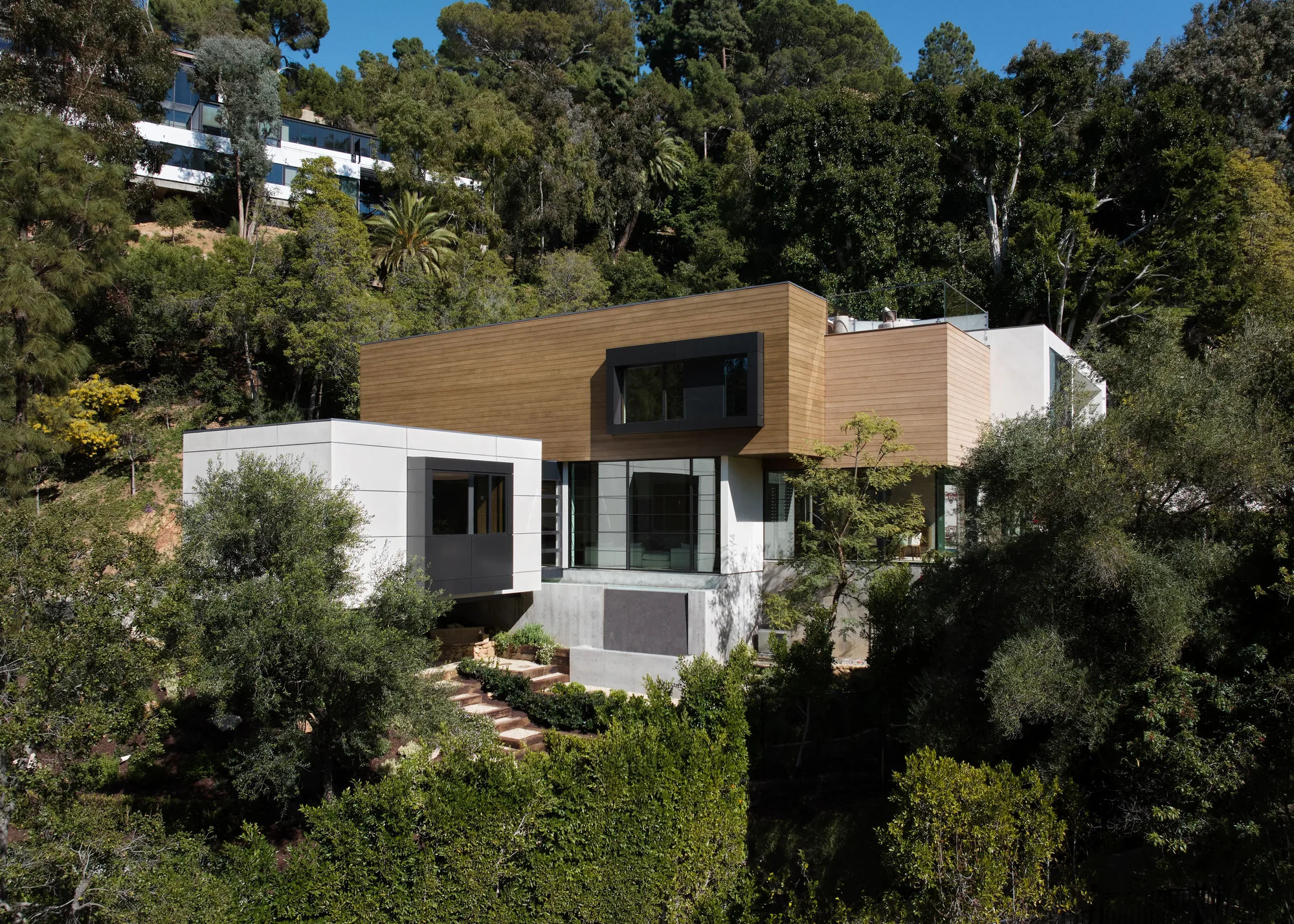 Modern hillside home with cedar cladding and white stucco volumes nestled among mature trees in Los Angeles.